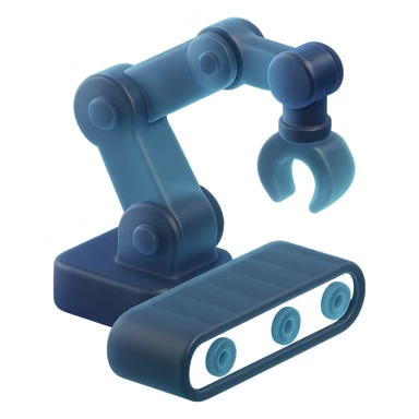 robotic arm on conveyor belt, automating a process, colors #3B2C85, #83fff8, #2C2828, matte glass style sticker