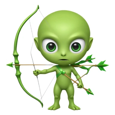 3D emoji-style green alien holding a bow and arrow, glossy texture, smooth skin, large expressive eyes, small humanoid body, minimalist background, soft lighting, Pixar-style rendering, high detail, cute but slightly serious expression, clean centered composition. sticker