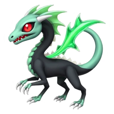 Obsidian-black and neon-glowing-green skeletal Meloetta-Salandit-Gorebyss-Salazzle-Pokémon-Fakémon-creature-fusion-hybrid with glowing crimson-red evil slit eyes sticker