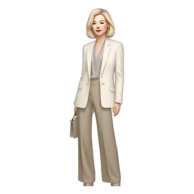 pale skin woman with ash blonde Straightened bob Hair, White Spacious classical jacket, beige palazzo Arrow pants and gray blouse holding a color palettes in the hands sticker