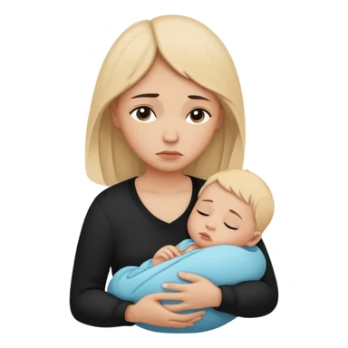 Minimalistic flat vector icon, iOS style, thin black contour on white background. Silhouette of a sad mother holding a baby, small tear drop. Clean, no text, no shadows sticker