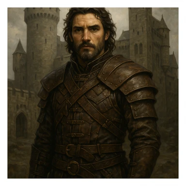 portrait of a leather-armored warrior, direct gaze, medieval castle backdrop, Game of Thrones style, DnD style, ArtStation quality, detailed illustration sticker