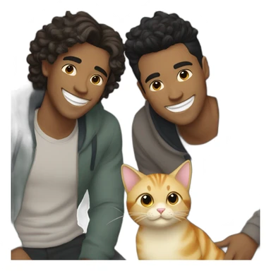 Gay couple, 1 guy Latino black straight hair and 1 Australian guy with blonde slightly curly hair with a cat laughing full body sticker