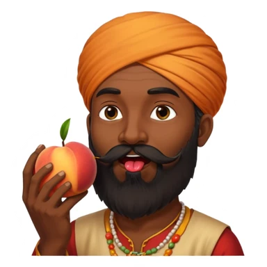 Indian man with a long beard licking a peach sticker