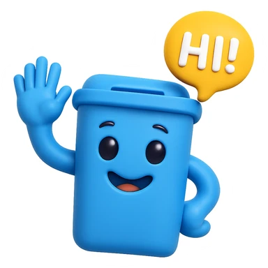 3D emoji style blue bin with a smiling face, waving and saying hi sticker