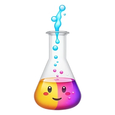 A bubbling chemistry flask filled with a glowing, colorful liquid. Tiny, unfinished emoji icons float above it, as if forming from the experiment. Soft mist rises from the flask, creating a mystical and creative atmosphere. Flat, minimalist digital illustration, empty state design, neutral background. sticker