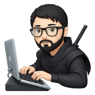 Man with black hair and beard wearing glasses in a ninja costume typing on a computer keyboard sticker
