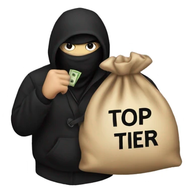 Thief wearing all black clothes stealing a money bag with the words Top Tier embroidered on it sticker