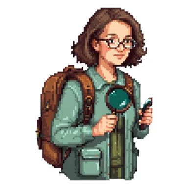 Middle-aged woman hiker with glasses and backpack, using a single magnifying glass sticker