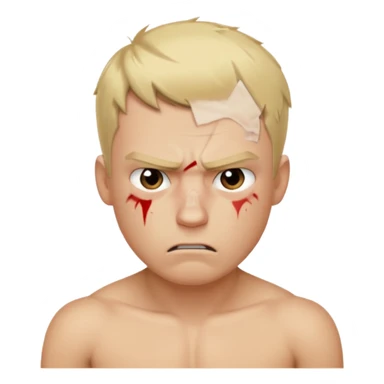 a blond guy with a short haircut, a tired and angry face, no shirt, with bruises under his eyes, and signs of beatings on his body sticker