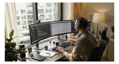 Cinematic shot of a programmer programming on tripple display setup PC, top dutch angle, Warm bright vibe, modern clean expensive minimalistic apartament, model is dress like designer, morning, big window, captured on arri alexa sticker