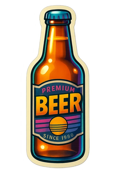 A beer bottle with a label sticker with a vintage design and a retro vibe sticker