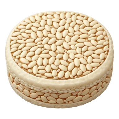 A round puffed rice cake, flat disc shape, light beige/off-white color, bumpy textured surface showing compressed puffed rice grains, crispy appearance, simple flat design, centered on transparent background. sticker