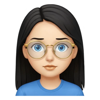 a black haired girl with blue eyes and glasses with blue shirt and long hair and gold glasses sticker
