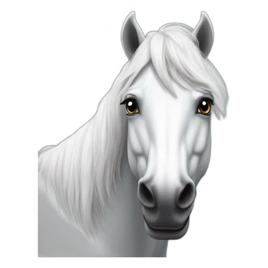 White stallion mustang wearing a grey key around the neck only necklace no mouth strap showing neck no lock sticker