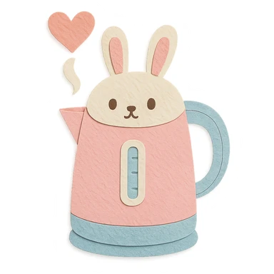 pastel white and pink electric kettle shaped like a shy bunny, heart-shaped steam, full-body sticker