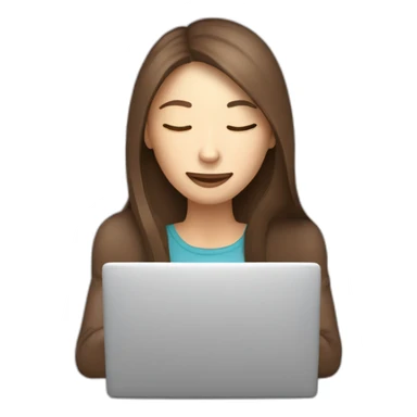smiling woman with middle brown straight long hair and pale skin eyes closed behind a laptop sipping coffee from a mug sticker