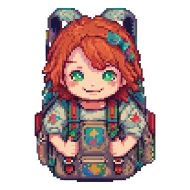 pixel art character with red hair, mischievous smile, small backpack sticker