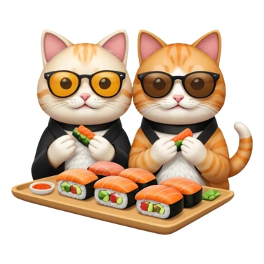 two cats with shades, enjoying sushi, emoji style sticker