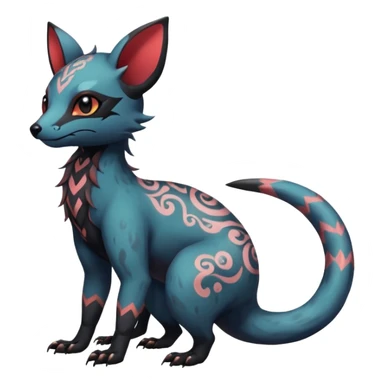 Rare warm-colored exotic cute epic aesthetic gothic colorful Salandit-Eevee-Civet-species-Fakemon-hybrid-creature, with intricate tattoo markings, full body sticker