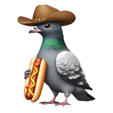 a pigeon with human arms eating a hot dog  and wearing a cowboy hat  sticker