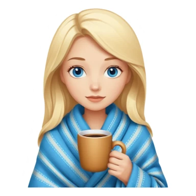 Blonde with blue eyes wrapped up in a cozy blanket with a hot coffee sticker