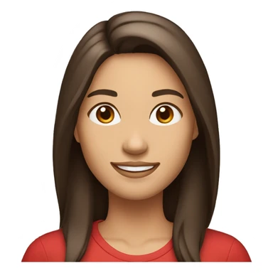smiling woman with light to medium skin, straight dark brown hair with middle part red shirt  sticker