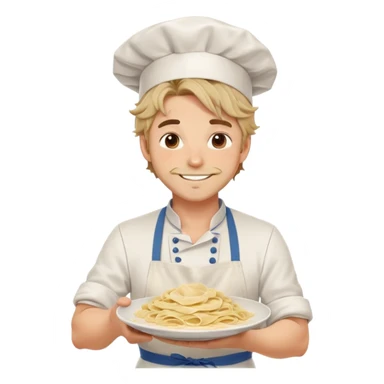 Attractive chef boyfriend with messy apron, tousled hair, playful smile, holding a plate of pasta, flour on cheeks, romantic sticker