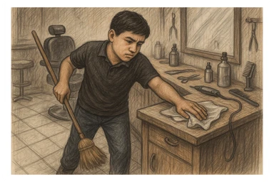 sartaroshxonani tozalayotgan o'smirin bola juda  yosh ham emas katta ham supir sudir qilaytgani narsalarni tozalayotgani yuzi ko
 sticker