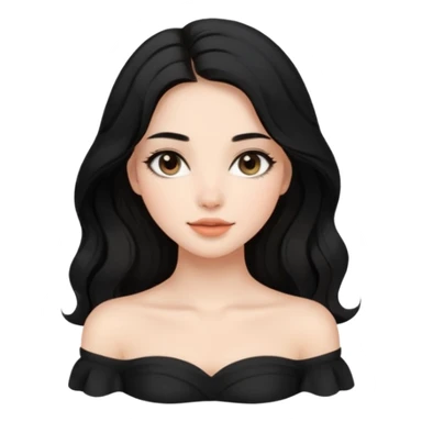 A realistic 3D avatar of a young woman with a soft oval face, slim cheeks, natural almond eyes, long wavy black hair, minimal makeup, wearing a black off-shoulder top, elegant and aesthetic, not cartoonish. sticker