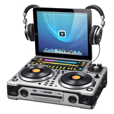 Create a professional and technical emoji that represents remixing music. The design should feature a high-end DJ controller, turntables with vinyl records, and a sound mixing console with faders to symbolize the technical aspects of remixing. Include elements like studio headphones and a laptop or digital audio workstation (DAW) screen to reflect the tools used in music production. Use colors like black, silver, and neon accents to convey the professional, high-tech nature of remixing. The background should be transparent. sticker