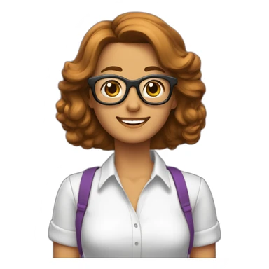 mujer-piel blanca-con gafas-sonriendo-camisa morada-pelo corto hasta el hombro-cabello marron,con un computador,muy detallada sticker