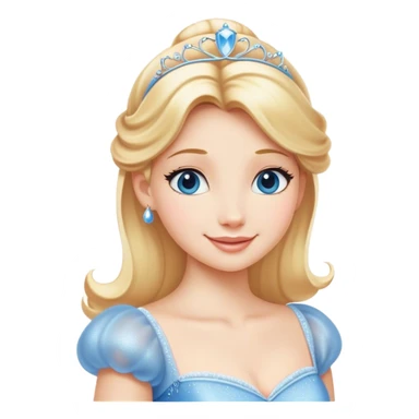 Cinematic Radiant Cinderella Portrait Emoji, rendered in a clean vector-style with bold proportions. Show Cinderella with a warm, serene smile, fair skin, and lustrous blonde hair, wearing a simple yet elegant dress that shimmers with gentle light. The image glows with an inviting, soft radiance and high shine, embodying timeless beauty. sticker