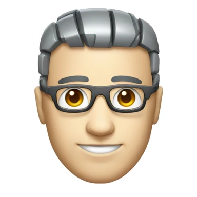 Cyborg head with fair skin, flat top haircut, rectangular glasses, circuits and smiling  sticker