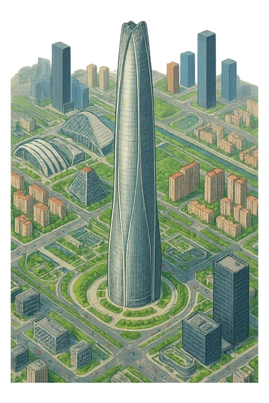 Изометричная, яркая, детализированная, объемная и фотореалистичная иллюстрация башни Tianjin CTF Finance Centre. В стиле 3D-коллажей городов, насыщенные цвета, аккуратные и чёткие линии, мультяшно-реалистичная стилистика. Чёткие контуры, не размазанные линии, высокое качество, прозрачный фон, не обрезать края картинки sticker