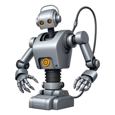 Industrial robot with exposed wiring and heavy metal plating sticker