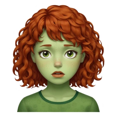 quero que você cria uma mulher, o rosto dela. nela, ela tem cabelo curto e ondulado, tem franja e ela tem semblante triste, deixe ela com pele verde. cabelo cacheado(avermelhado). ( ela tem aparência terroristica) olhos anormais assim como a boca) deixe ela com sardas sticker