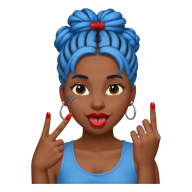 brown girl with blue locs in a bun with tongue out and red nails showing middle finger sticker