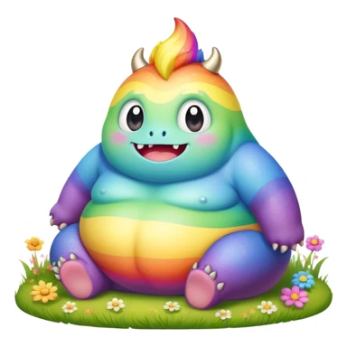 Kawaii derpy fat rainbow monster sitting in a magic field, rich textures, visually detailed, so lifelike that it feels like it could leap off the page at any moment sticker