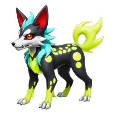 Hyper realistic demonic skeletal black and neon green and neon yellow futuristic shiny colorful bioluminescent cyber-Poochyena-Lycanroc-Zorua-Litten-Houndoom-Fakémon-Pokémon-Digimon-hybrid-fusion (full body) with a skull face sticker