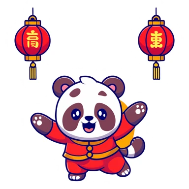 cute panda wearing red and gold Tang suit performing lion dance, head wearing red and gold lion head, both hands holding lion head jumping, background with golden firecrackers, lanterns and auspicious clouds, main color bright red with gold details, rich New Year atmosphere, cartoon sticker style sticker