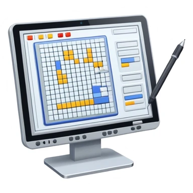 Emoji for Game Design: computer screen with Professional game interface, 3D models, pixel art, and design tools like grid, wireframe, and stylus. Symbolizes the technical and creative process of game development. Transparent background. sticker