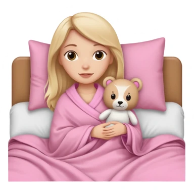 A white girl in the bed and the blanket is pink with plushies sticker