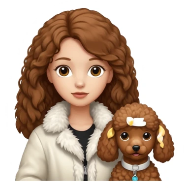 A white girl with a long brown straight hair and wearing a fur white jacket holds a brown poodle sticker