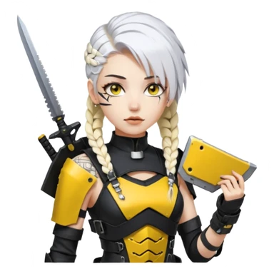  a closeup portrait of young woman with gold yellow eyes, white hair, long braid, black off-shoulder top d-cup, punk gothic style, futuristic cyberwave cyberpunk,  she has a plate carrier armor vest , and a old-style steel bulletproof combat helmet.  holding up a DAYZ combat knife sticker