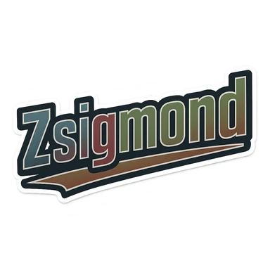 Zsigmond name in masculine, modern, gradient font with precise Hungarian characters, dark outline, extra thick, prominent white border as in reference images, dynamic slanted underline, masculine color shades (blue, gray, burgundy, green, brown), 1000x1000 px, PNG, transparent background sticker
