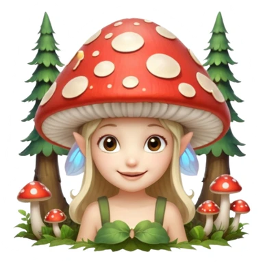 mushroom fairy portrait, head and shoulders only, wearing a large mushroom cap hat, tiny glowing wings visible behind shoulders, cute magical smile, forest fantasy vibe, 3D cartoon, mobile game icon style, clean background, no text, no watermark sticker