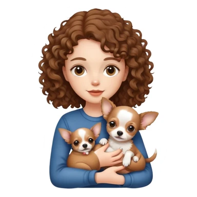 white girl with curly brown hair holding a chihuahua puppy sticker