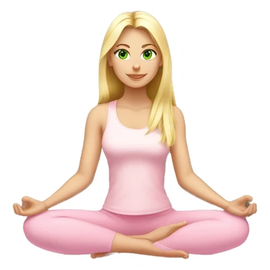 blonde long hair and green eyes yoga girl in light pink clothes sitting on a yoga mat sticker
