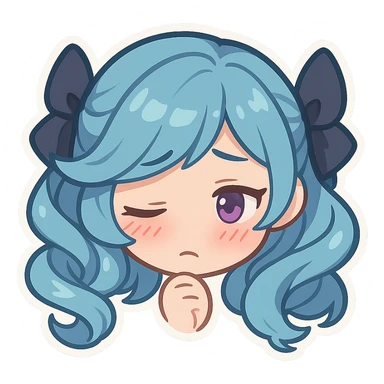 Gwen from League of Legends, chibi emote style, only head visible, right eye purple, shy expression, eyes averted, cute and expressive sticker
